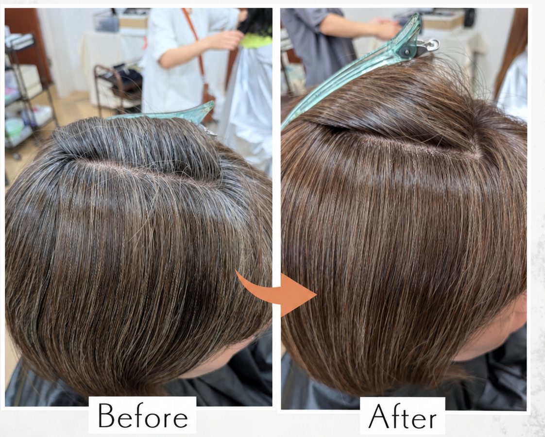 白髪率 約30〜40%、根元と毛先を塗り分けたカラーのビフォーアフター